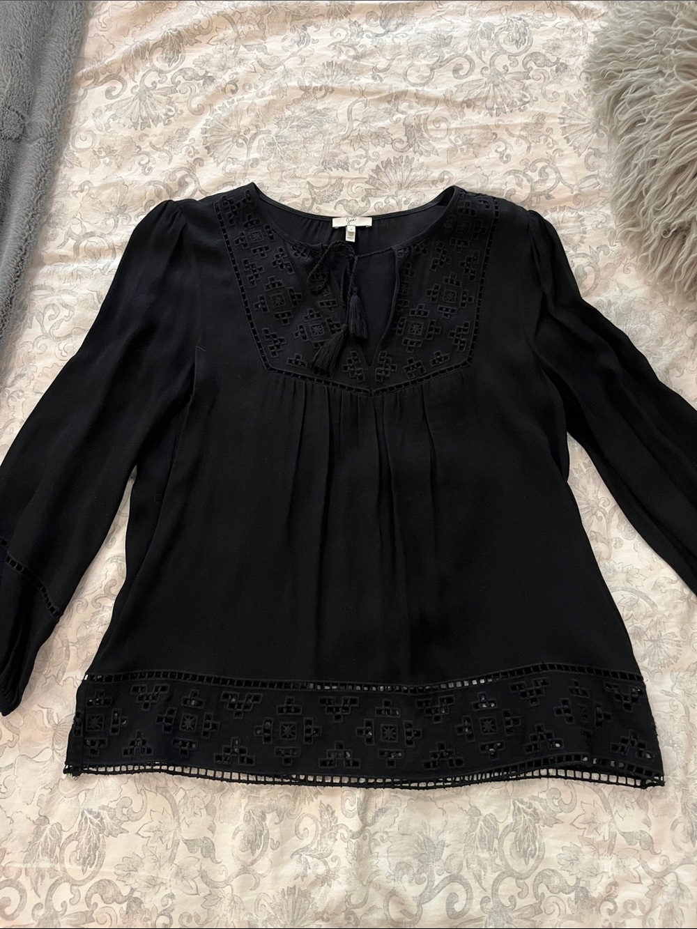 Joie Black Embroidered Tie-Neck Blouse